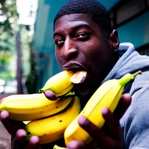 Image similar to angry gucci mane eating bananas in the hood, 8k resolution, full HD, cinematic lighting, award winning, anatomically correct