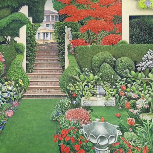 Prompt: Hyperrealism traditional english garden painting by MC Escher