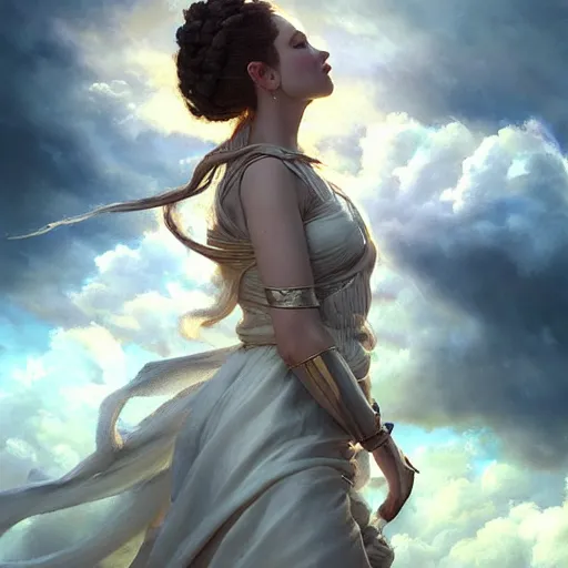 Prompt: a painting of a cloud goddess with clouds in the background, a hyperrealistic painting by Greg Rutkowski and Raymond Swanland, featured on cgsociety, fantasy art, daz3d, artstation hd, hyper-realistic