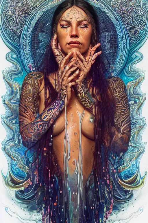 Image similar to a centered render of a alluring festival hippie with tribal tattoos surrounded by a underwater ink pour and flowing liquid gallium and sacred geometry, perfect body, face, hands, powerful, cinematic, beautifully lit, by artgerm, by karol bak, by donato giancola, by boris vallejo, 3 d, trending on artstation, octane render, 8 k