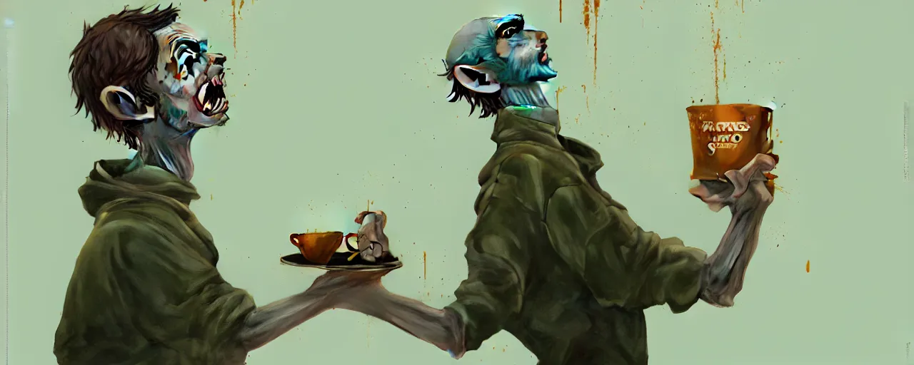 Image similar to duotone olive illustration 3 / 4 portrait of gollum drinking cup of coffee symmetrical composition accidental renaissance golden ratio. by sachin teng and sergey kolesov and ruan jia and heng z. graffiti art, scifi, fantasy, hyper detailed. octane render. concept art. trending on artstation