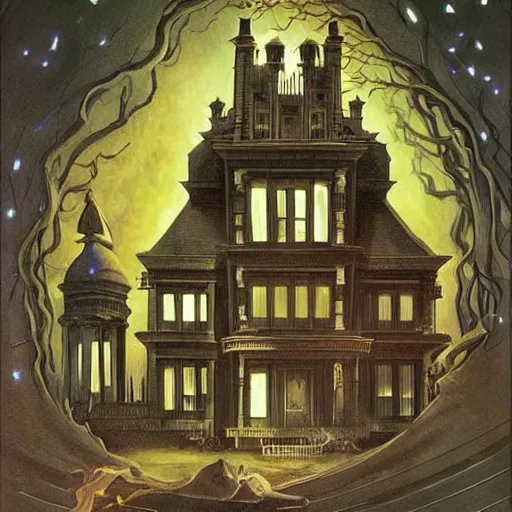 Image similar to A beautiful experimental art. It was a mansion of ghosts and monsters, with ghouls in the shadows and demons scuttling behind the wainscotting. by Joe Shuster, by Jim Burns elaborate