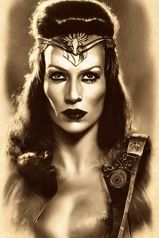 Prompt: teela from masters of the universe, portrait, full body, symmetrical features, silver iodide, 1 8 8 0 photograph, sepia tone, aged paper, sergio leone, master prime lenses, cinematic