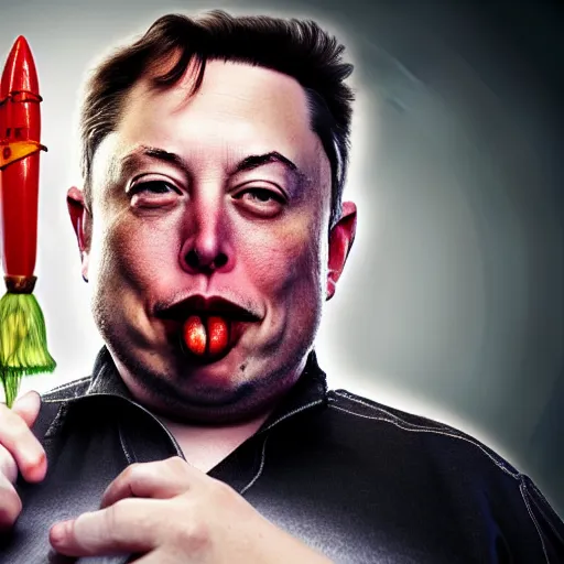 Image similar to stunning award winning hyperrealistic hdr 8 k highly detailed portrait photo of morbidly obese elon musk eating a rocket