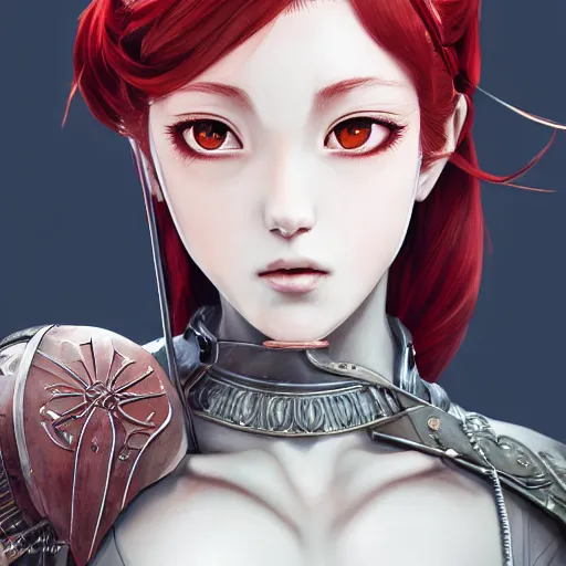 Image similar to a red haired female knight as an absurdly beautiful, elegant, mid - 2 0 s sensual anime girl, ultrafine hyperrealistic detailed face illustration by kim jung gi, irakli nadar, intricate linework, sharp focus, bright colors, matte, octopath traveler, final fantasy, unreal engine highly rendered, global illumination, radiant light, intricate environment