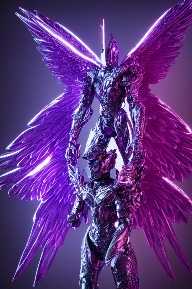 Image similar to a photo of 8k ultra realistic archangel with 6 wings, full body, intricate purple and blue neon armor, ornate, cinematic lighting, trending on artstation, 4k, hyperrealistic, focused, high details, unreal engine 5, cinematic