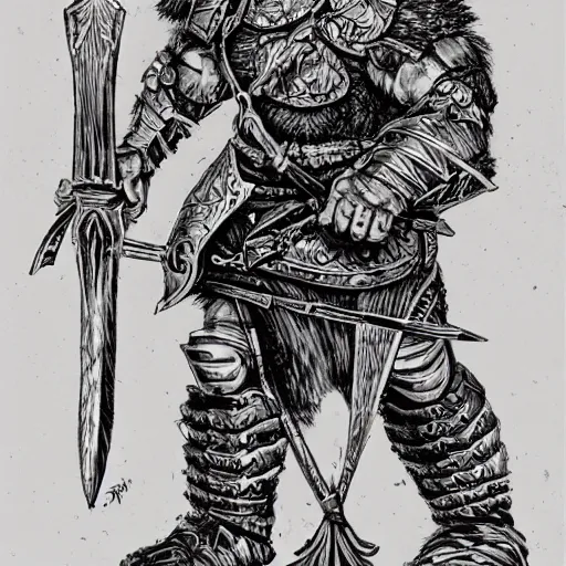 Image similar to ogre warrior wearing plated armor who is holding a battle axe in the style of warhammer fantasy : : head and torso drawing