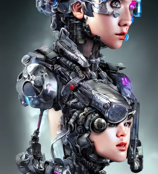 Image similar to hd 3 d rendered graphic novel video game portrait of a cute young cyborg soldier girl complicated synaptic particles angelic deity demon future downtown in ishikawa ken miura kentaro gantz frank miller jim lee alex ross vaporwave technoir style detailed trending award winning on flickr artstation