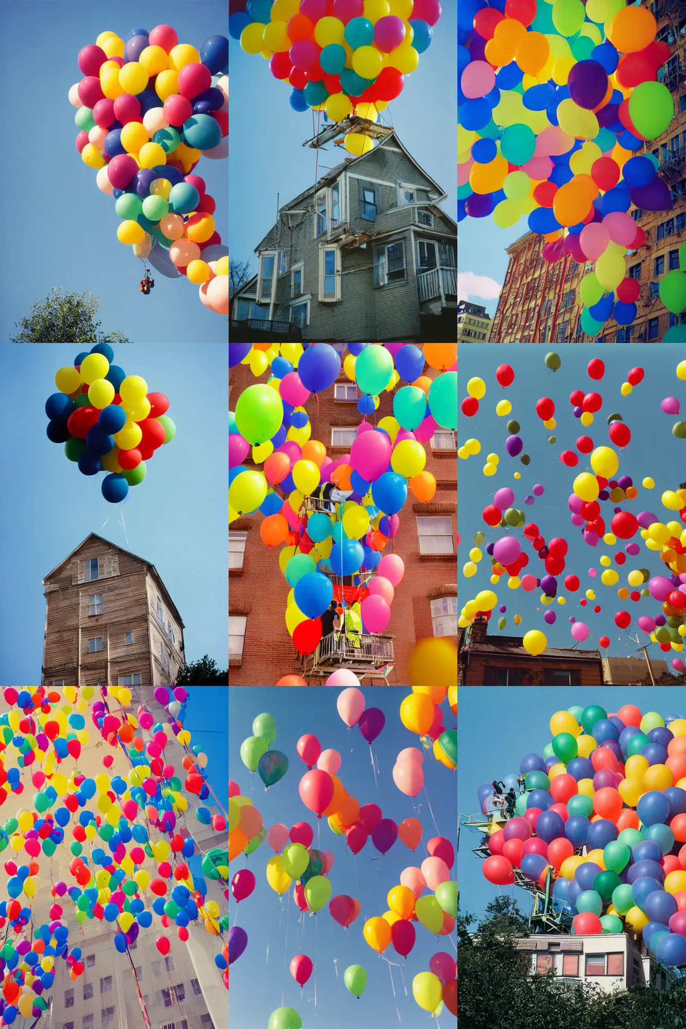 Prompt: house being lifted up into the sky by hundreds of multi - color balloons, film grain, early 2 0 0 0 s point and shoot camera photo