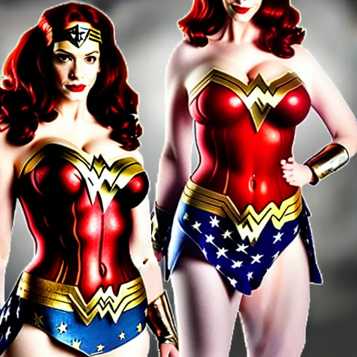 Prompt: professional full length photograph of christina hendricks as wonder woman. Extremely detailed. 8k