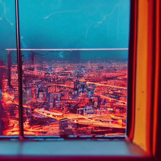 Image similar to view from window of nighttime city neon lights red neon