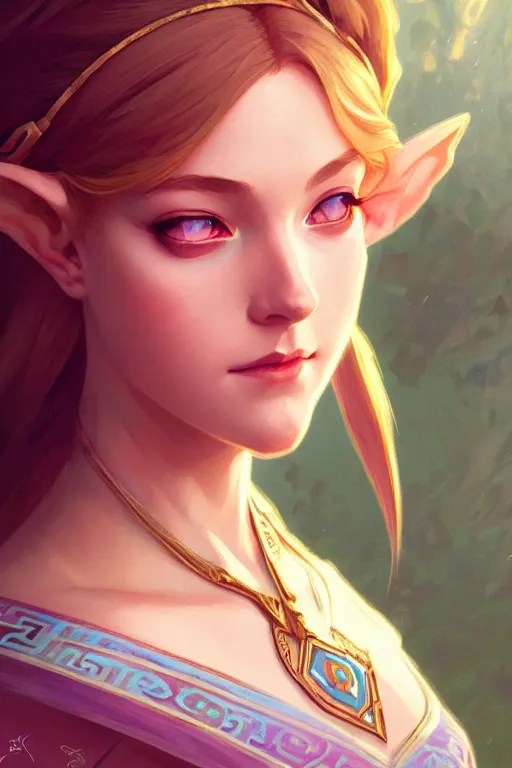 Prompt: a portrait of princess zelda, fantasy, sharp focus, intricate, elegant, digital painting, artstation, matte, highly detailed, concept art, illustration, ambient lighting, art by ilya kuvshinov, artgerm, alphonse mucha, and greg rutkowski