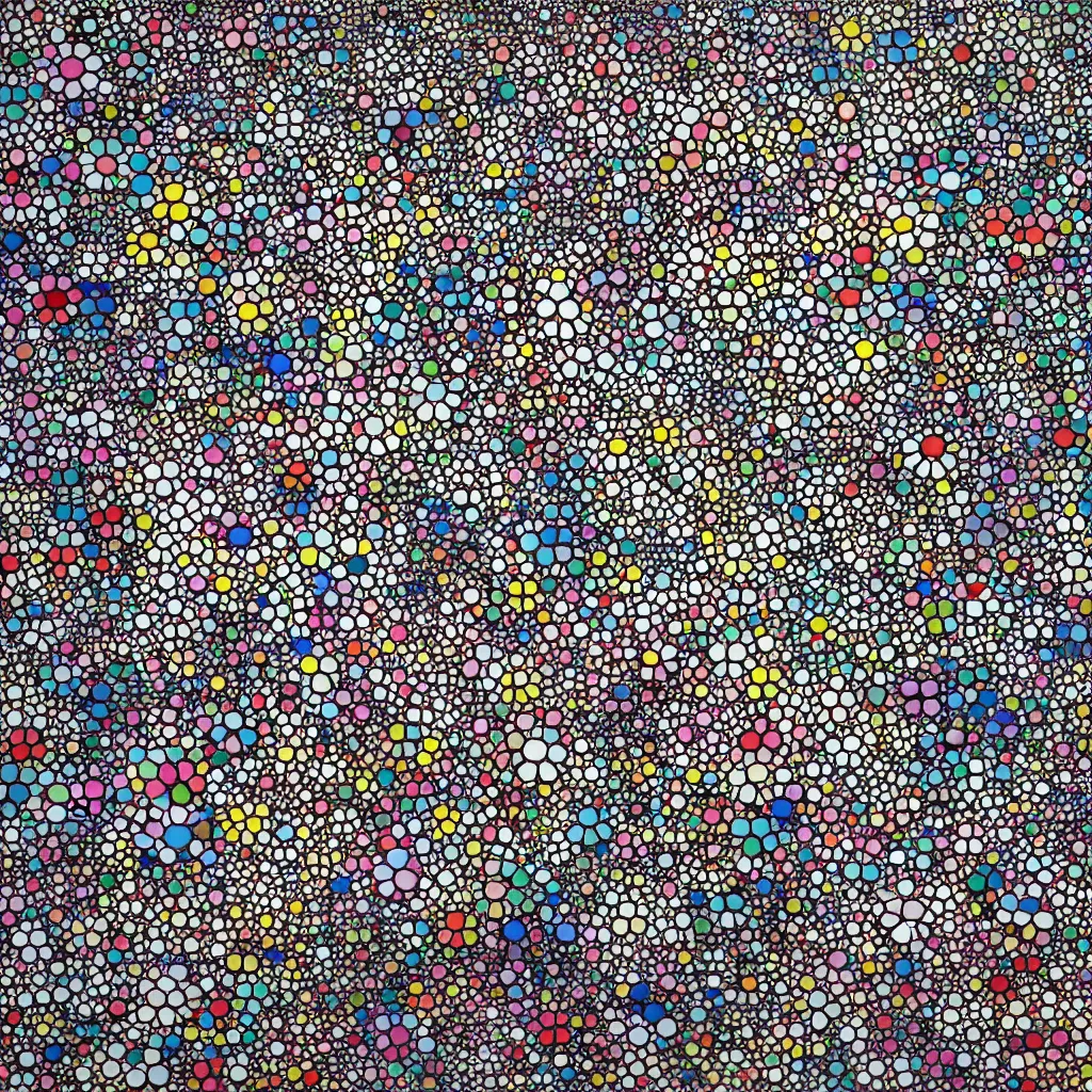 Image similar to camouflage made of love, style of takashi murakami, abstract, rei kawakubo artwork, cryptic, dots, stipple, lines, splotch, color tearing, pitch bending, color splotches, dark, ominous, eerie, minimal, points, technical, old painting