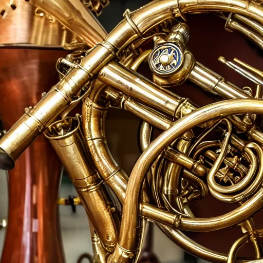 Prompt: an elaborate french horn instrument made of pipes and steampunk details, brass, glass, gears, intricate details, baroque, psychedelic colors emanating from the open part,