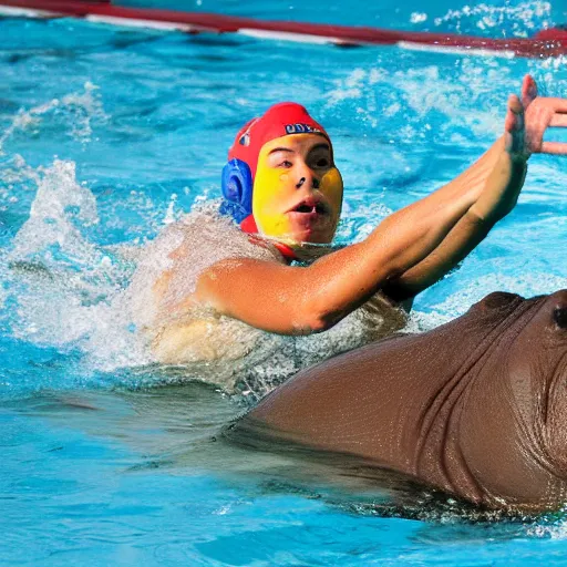 Prompt: a water polo player riding a hippopotamus. sports photograph.