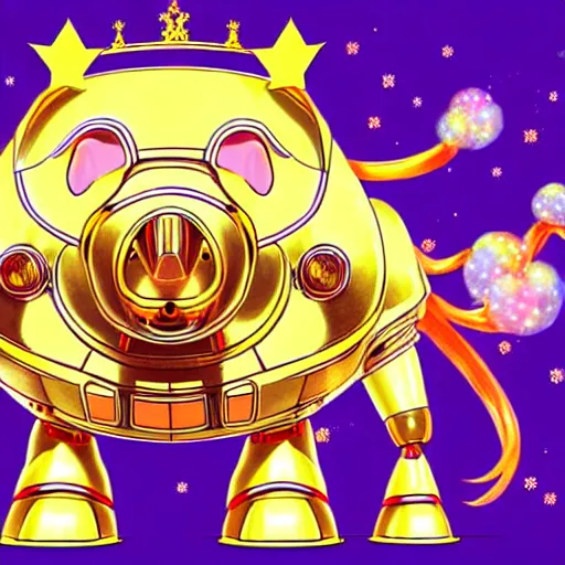 Prompt: 100 giant mecha pigs wearing gold crowns, anime style, art by YASUHIKO Yoshikazu and lisa frank, trending on Artstation