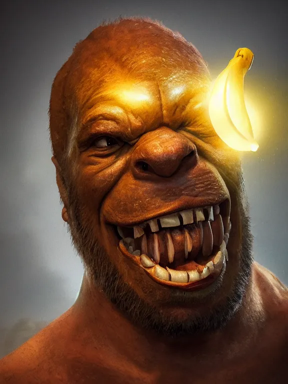 Prompt: portrait art of an orc using a banana as a phone, 8k ultra realistic , lens flare, atmosphere, glow, detailed, intricate, full of colour, cinematic lighting, trending on artstation, 4k, hyperrealistic, focused, extreme details, unreal engine 5, cinematic, masterpiece