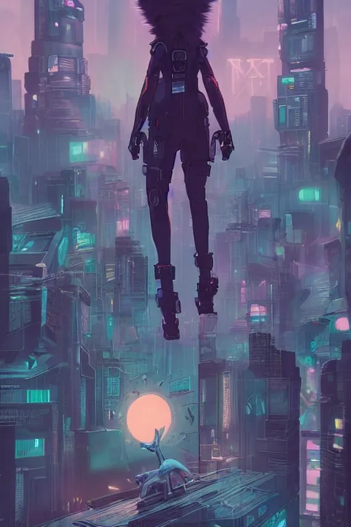 Image similar to a cyberpunk anthropomorphic fox with a fluffy tail staring over a futuristic city from the top of a roof, comic art, trending on furaffinity, cyberpunk, backlighting, cartoon