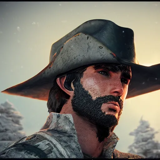 Prompt: A comic book style portrait painting of a male ranger with cowboy hat in a a post apocalyptic winter landscape, unreal 5, DAZ, hyperrealistic, octane render, RPG portrait, ambient light, dynamic lighting