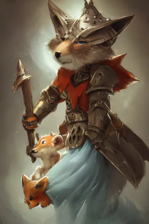 Image similar to cute little anthropomorphic foxy knight wearing a cape and a crown, tiny, small, miniature fox, baby animal, short, pale blue armor, cute and adorable, pretty, beautiful, DnD character art portrait, matte fantasy painting, DeviantArt Artstation, by Jason Felix by Steve Argyle by Tyler Jacobson by Peter Mohrbacher, cinematic lighting