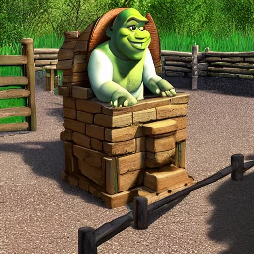 Image similar to Shrek go out from outdoor toilet