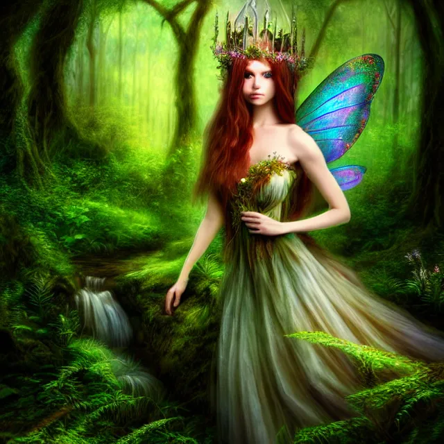 Image similar to beautiful fairy queen in an ethereal forest, highly detailed, 8 k, hdr, anne stokes, photorealistic