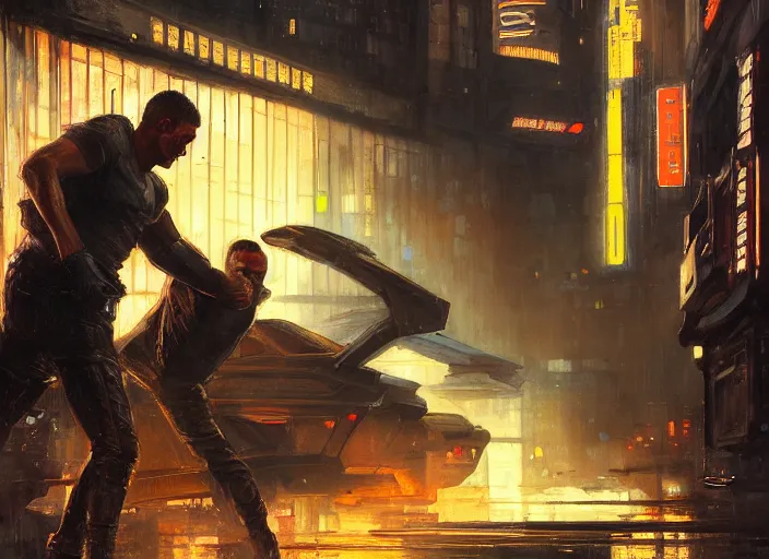 Prompt: blade runner fighting android 🤼 ( blade runner 2 0 4 9, cyberpunk 2 0 7 7 character design ). orientalist portrait by john william waterhouse and james gurney and theodore ralli and nasreddine dinet, oil on canvas. cinematic, hyper realism, realistic proportions, dramatic lighting, high detail 4 k