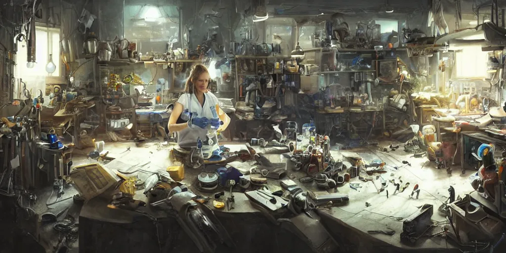 Prompt: an environmental concept art of a female scientist building an android in a cluttered workshop, highly detailed, cinematic, dramatic lighting, close shot, rule of thirds by francis tneh