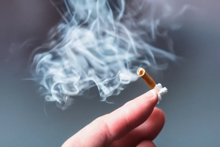 Image similar to Close-up of thin soft hand holding cigarette in it with smoke, hyper realistic, high details, photo, super resolution