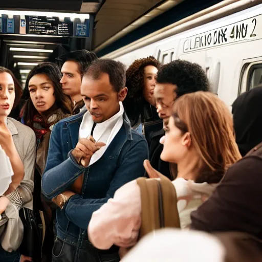 Prompt: A group of friends talking while standing inside a crowded compartment of the New York metro, cinematic, 4k, thriller