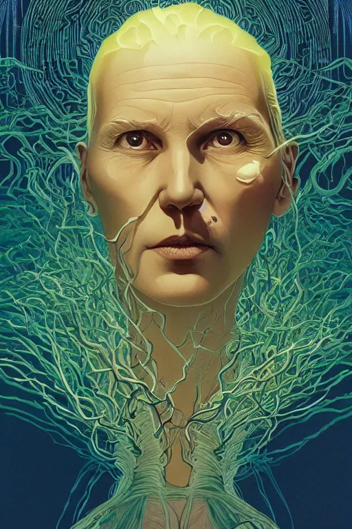 Image similar to poster artwork by Michael Whelan and Tomer Hanuka, Karol Bak of collective neurological consciousness as imagined by Carl Jung, from scene from Twin Peaks, clean, simple illustration, nostalgic, domestic, full of details