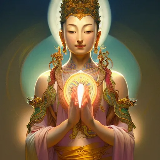 Image similar to avalokiteshvara using a deodorant, intricate, elegant, highly detailed, my rendition, digital painting, artstation, concept art, smooth, sharp focus, radiant light, illustration, art by artgerm and greg rutkowski and alphonse mucha