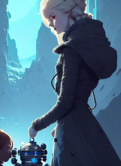 Prompt: highly detailed portrait of an angry frostpunk long blonde hair lady with robotic companion, stray wiring by atey ghailan, james gilleard, by joe fenton, by greg rutkowski, by greg tocchini, by kaethe butcher, 4 k resolution, gradient blue, black and white color scheme!!! ( ( glacier cave background ) )