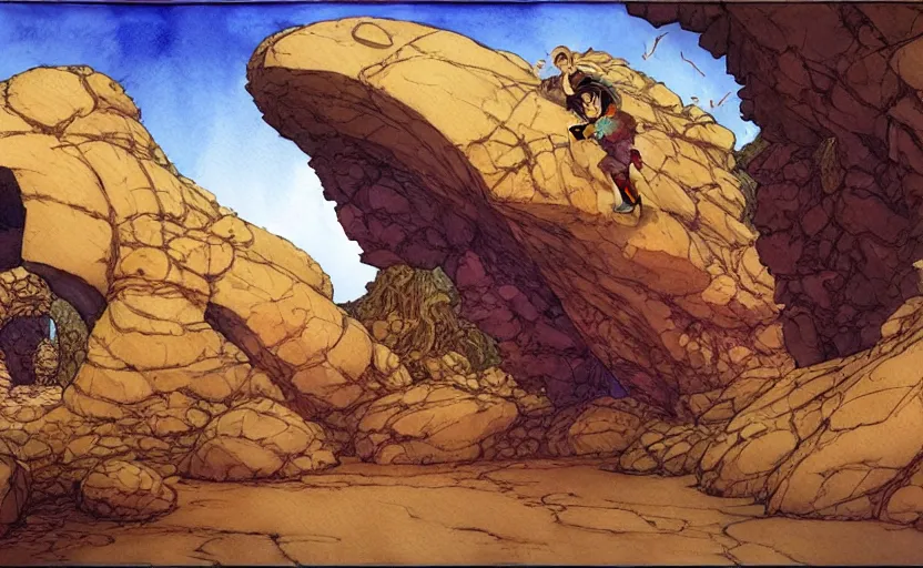 Image similar to a hyperrealist watercolour concept art of a dimensional time portal in the shape of a large rock arch. by rebecca guay, michael kaluta, charles vess and jean moebius giraud. high detail, hq, wide shot