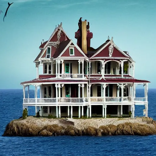 Image similar to a victorian style 2 story house on top of a hill surrounded by an ocean full of sharks