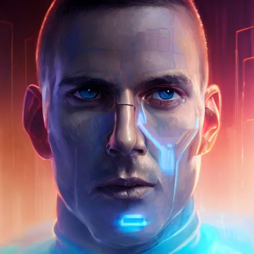 Image similar to cyberpunk, armitage, closeup portrait of a stoic ex soldier with a battlescar and light blue eyes, brown buzzcut, cyborg, dramatic light, city background, sunset, dystopian setting, high contrast, sharp, neuromancer, painted by stanley lau, painted by greg rutkowski, painted by stanley artgerm, digital art, trending on artstation