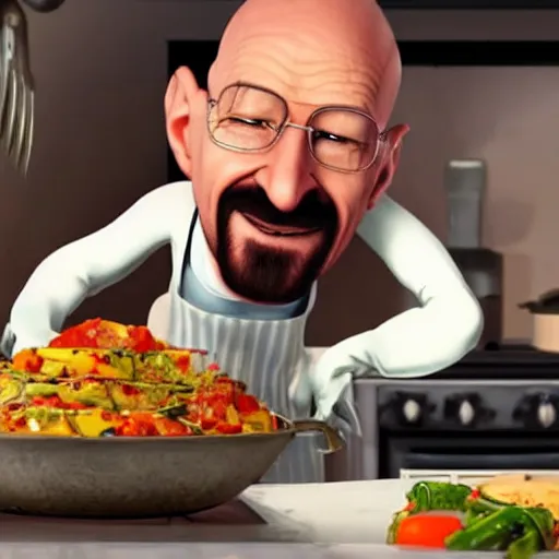 Prompt: walter white in ratatouille with rat on head while cooking