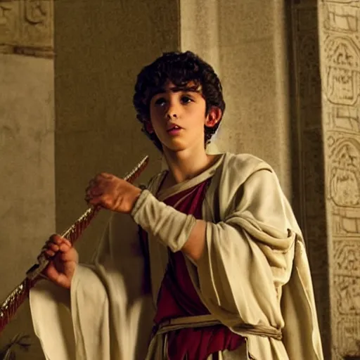 Image similar to handsome 17 year old middle-eastern skinned boy in a Biblical outfit playing an ancient harp, lyre. Tranquil, cinematic lighting, directed by Steven Spielberg