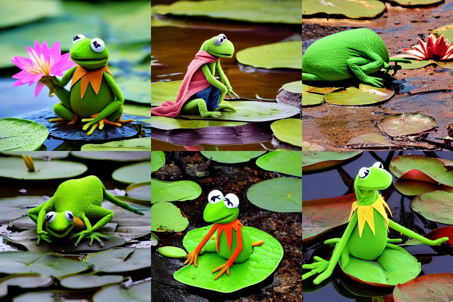 Prompt: wildlife photo of Kermit the frog in real life sitting on a lily pad on a river