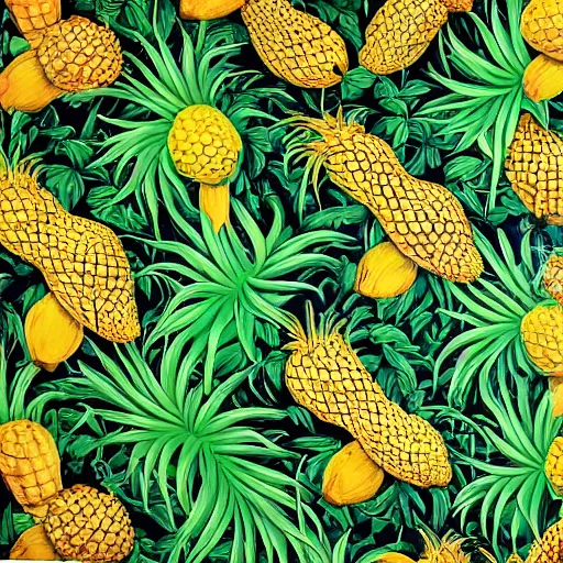 Image similar to pineapples and bananas in the jungle by kehinde wiley