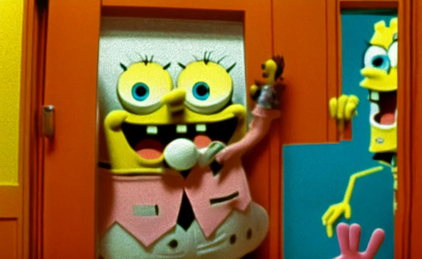 Image similar to spongebob in the shining by stanley kubrick, shot by 35mm film color photography