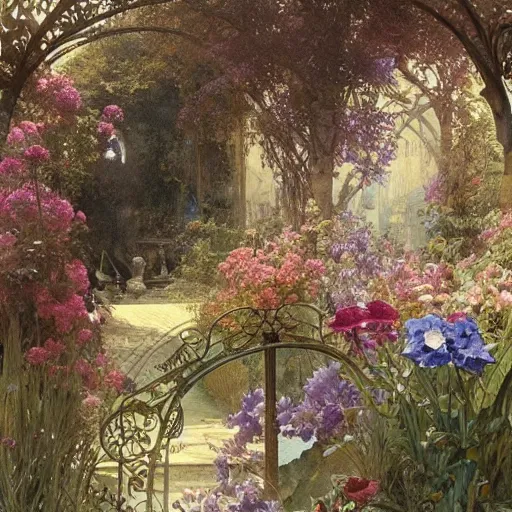 Image similar to a beautifull intricate watercolour painting of a victorian garden with many flowers, reflexions, verry high details by william turner art, greg rutkowski and alphonse mucha, trending on artstation, very very detailed, masterpiece,