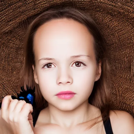 Image similar to photograph of girl with big forehead with square face and small bird beak lips and small round nose and dark black, high detail 8k,