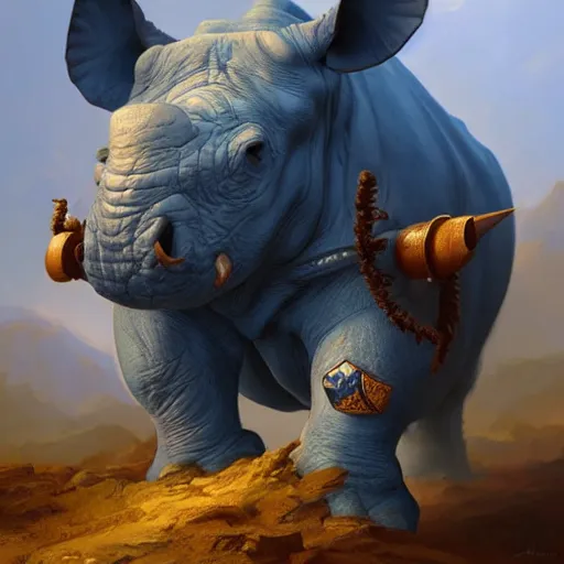 Prompt: A blue rhino wearing adventurer's clothing, highly detailed, digital painting, artstation, concept art, smooth, sharp focus, studio light, by Justin Gerard,