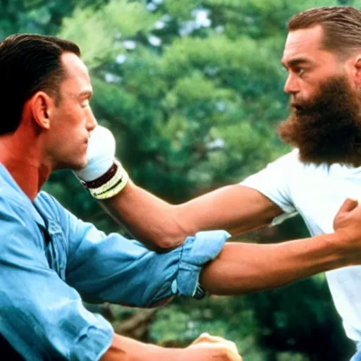 Prompt: forrest gump punching chet hanks in the jaw