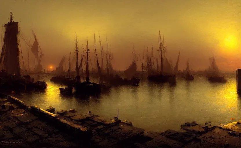 Image similar to an old harbour at dusk by greg ruthkowski and craig mullins and caspar david friedrich