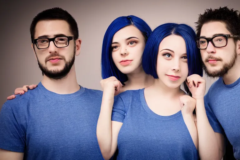 Prompt: attractive beautiful striking blue hair 2 7 year old woman, soft, cute, nerdy, fun, playful, wearing jeans and a t - shirt, with her two boyfriends, 1 5 0 mm f 2. 8, full body portrait, color, hasselblad, professional photo, high quality, symmetrical face, clear skin, 4 k, dramatic lighting