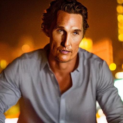 Prompt: a still of Matthew Mcconaughey . Shallow depth of field. City at night in background, lights, colors ,studio lighting, mood, 4K. Profession photography