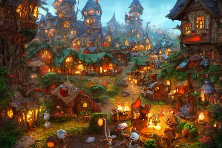 Prompt: mousefolk cozy fantasy village street view by artgerm and Craig Mullins, James Jean, Andrey Ryabovichev, Mark Simonetti and Peter Morbacher 16k