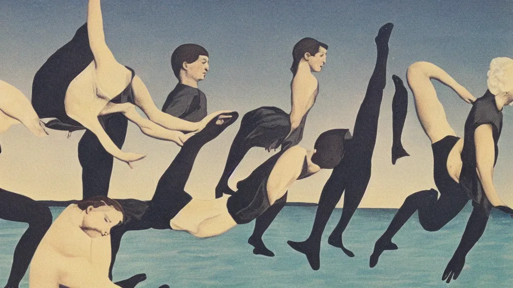 Prompt: A vintage scientific illustration from the 1970s of a choreography for people who can walk on water by René Magritte